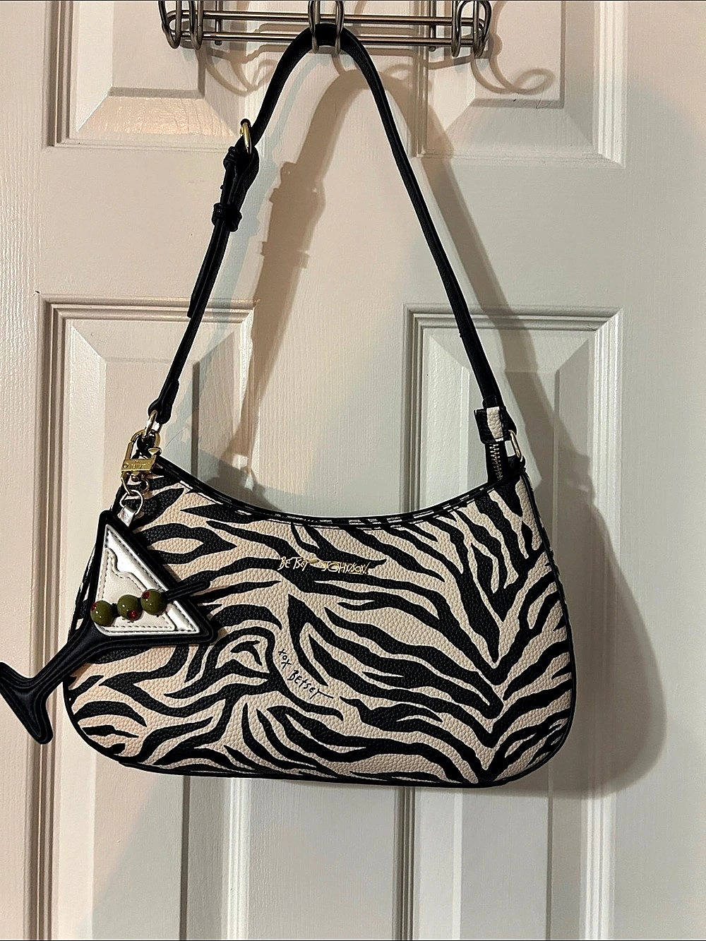 Betsey Johnson Zebra Print Shoulder Bag with Dirty Martini Charm